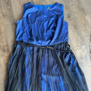 Adrianna Papell royal blue & black tulle sleeveless belted dress